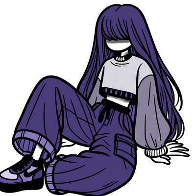 a girl with baggy pants and a crop top with long hair