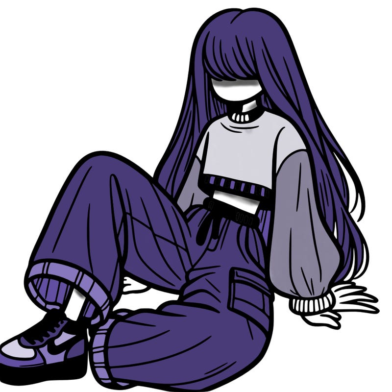 a girl with baggy pants and a crop top with long hair