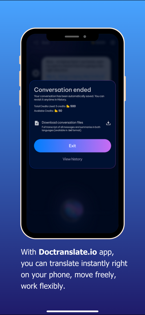 Doctranslate.io - Une interface d'application mobile montrant un résumé d'une conversation de traduction terminée avec des options pour télécharger des fichiers et afficher l'historique