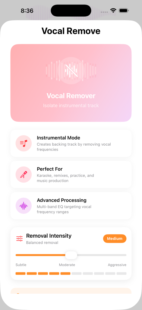 Convert Video to MP3: VidoTune - VidoTuneアプリのボーカル除去およびインストゥルメンタルトラック抽出用の画面。調整可能な強度設定が表示されています。