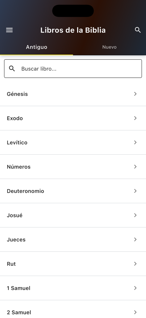 Santa Biblia Catolica Romana - Pantalla de la aplicación Biblia Católica mostrando la lista de libros del Antiguo Testamento en español
