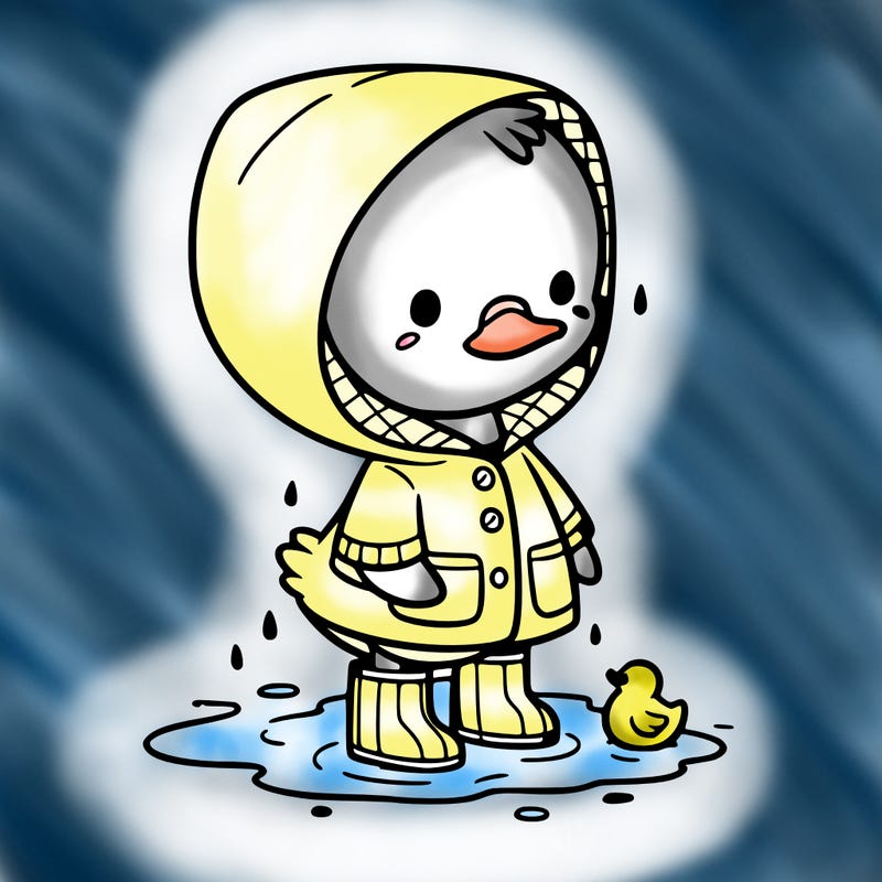 baby duck in a rain coat and boots, in a puddle while it’s raining