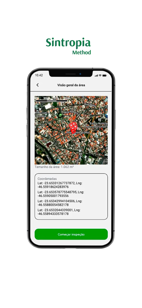 Sintropia - Sintropia app interface showing a satellite map of an area with pin markers, latitude and longitude coordinates, and a start inspection button.