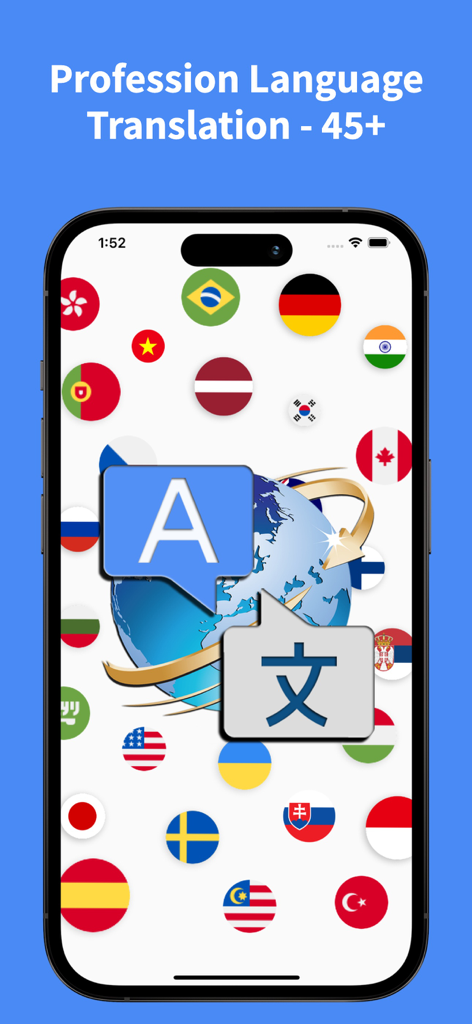 Talk Translator : Voice, Photo - Écran de smartphone montrant des icônes de traduction et les drapeaux de divers pays, soulignant la prise en charge de plus de 45 langues