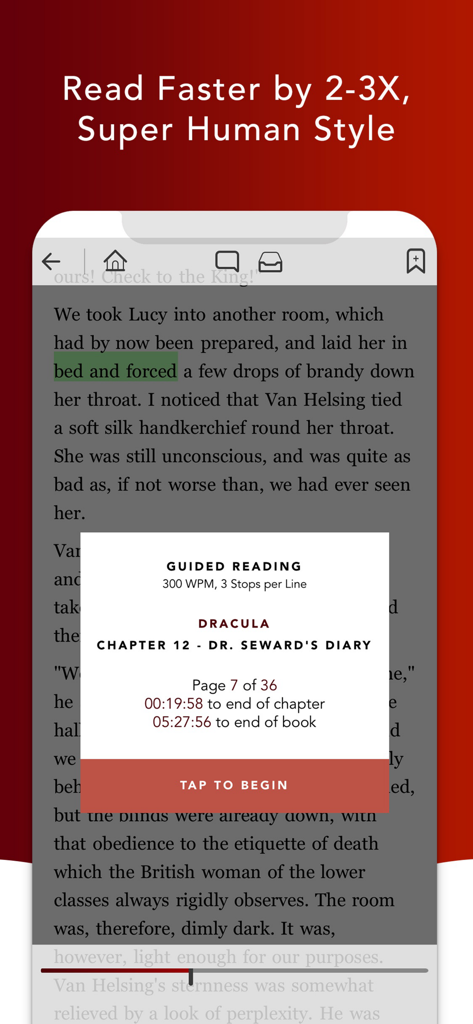 QuickReader - Speed Reading - Interfaz de la aplicación QuickReader mostrando la configuración de lectura rápida guiada y la estimación de tiempo para el libro Drácula.