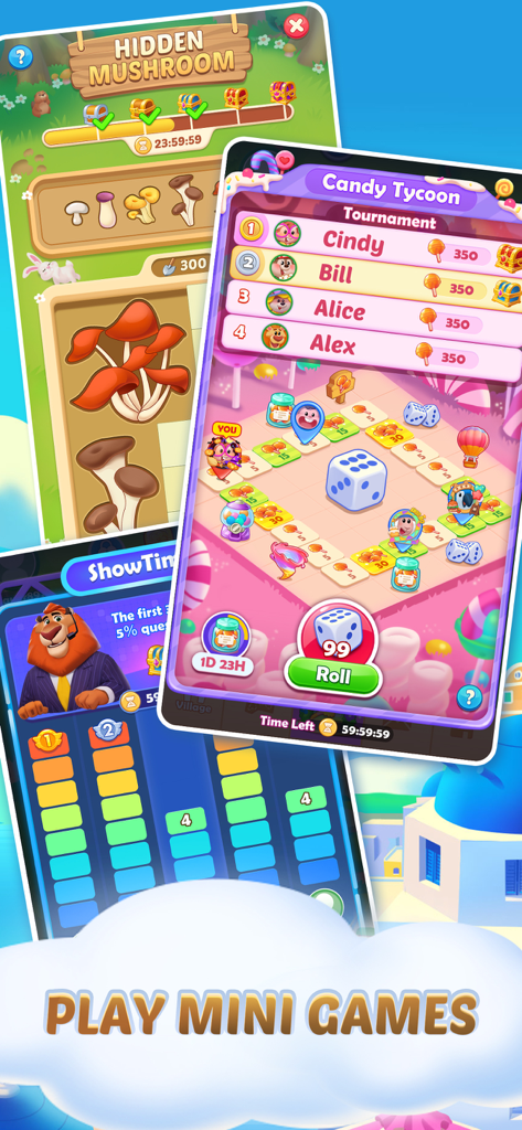 Gameplay screens showing various casual mini games and tournaments within the Skip-Bo Solitaire app