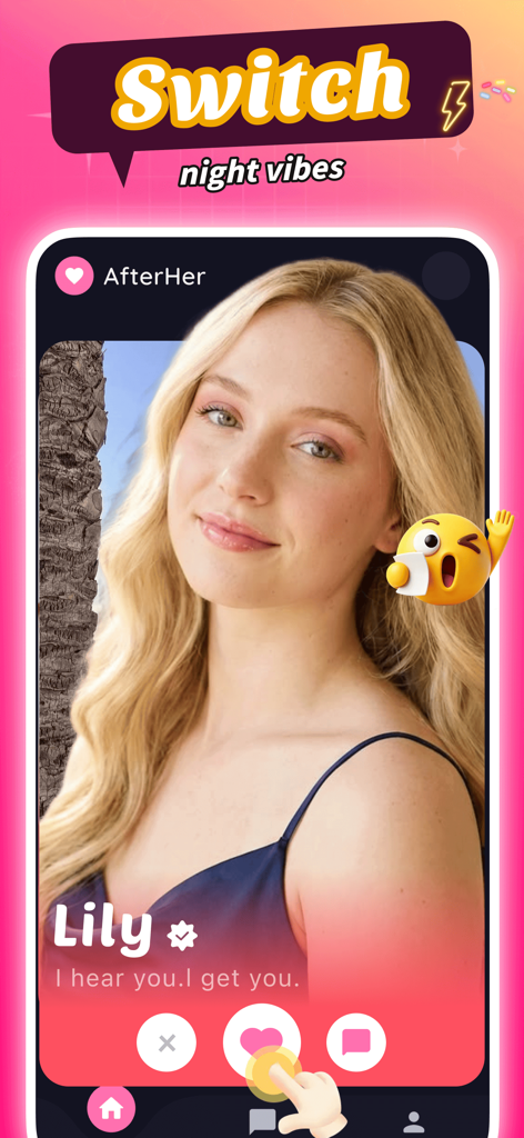 Interfaz de la aplicación móvil Anyou que muestra el perfil de un personaje de IA llamado Lily y un banner que dice Cambiar el ambiente nocturno