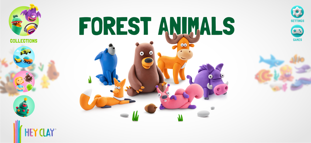 HEY CLAY® - The HEY CLAY app main screen displaying the Forest Animals collection with various colorful clay characters like a bear deer and fox