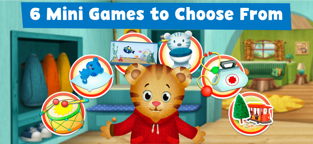 Daniel Tiger’s Play at Home - Daniel Tiger de pie frente a seis iconos de minijuegos educativos que incluyen música, hora de dormir, cuidado de peces, rutinas de baño, juego de doctor y tranvía del vecindario