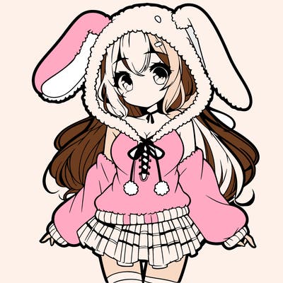 pretty anime girl wearing a fluffy hoodie with bunny ears on the hood and a skirt