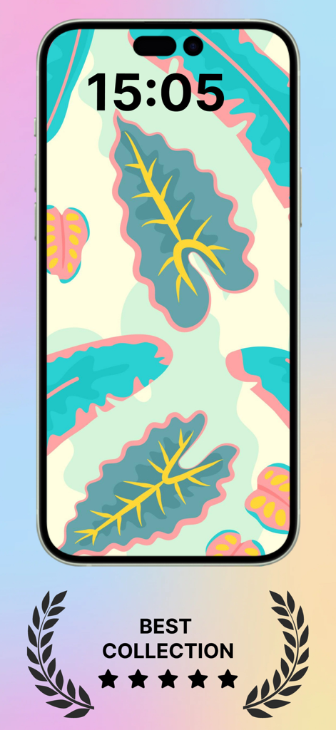 Preppy Wallpaper - Aesthetic - iPhone mostrando un fondo de pantalla preppy tropical colorido con una calificación de 5 estrellas
