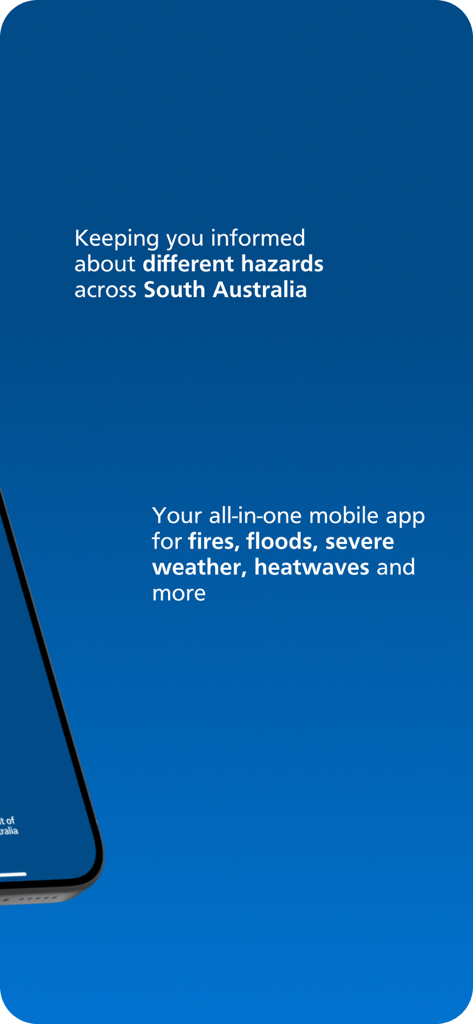Alert SA - Alert SA app splash screen describing notifications for fires floods and severe weather in South Australia