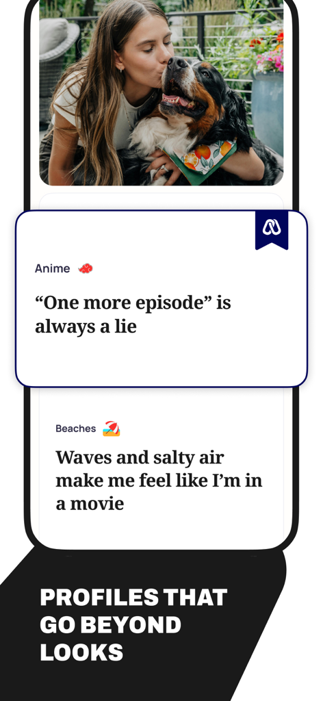 Mobile app interface for Alyke showing user profiles with interest tags and personal quotes about anime and beaches