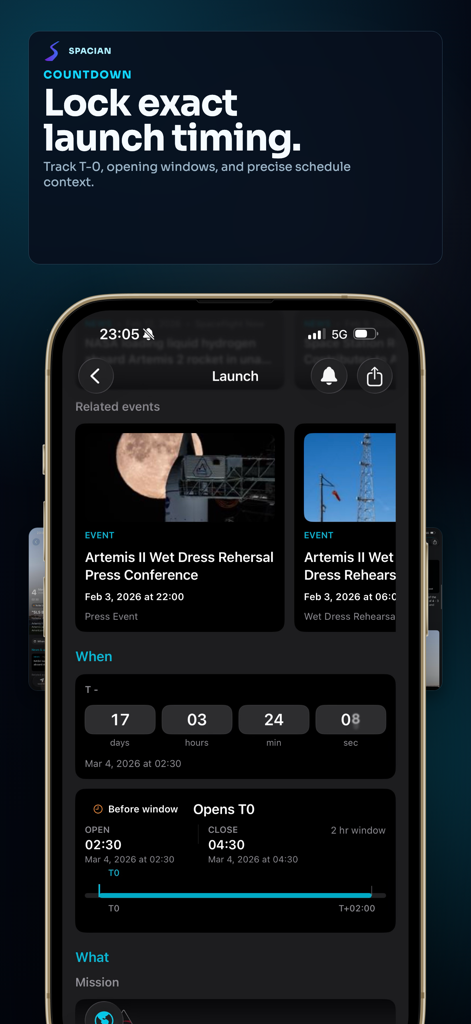 Spacian: Rocket Launch Tracker - Interfaz de la aplicación Spacian que muestra una cuenta regresiva precisa de lanzamiento de cohetes y detalles de tiempo de la misión.