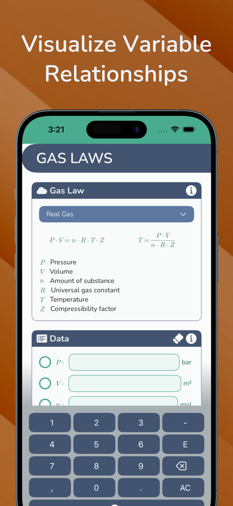 Gas Laws by CA - Pantalla de aplicación móvil que muestra la ecuación de gas real y los campos de entrada de datos para variables como presión, volumen y temperatura.