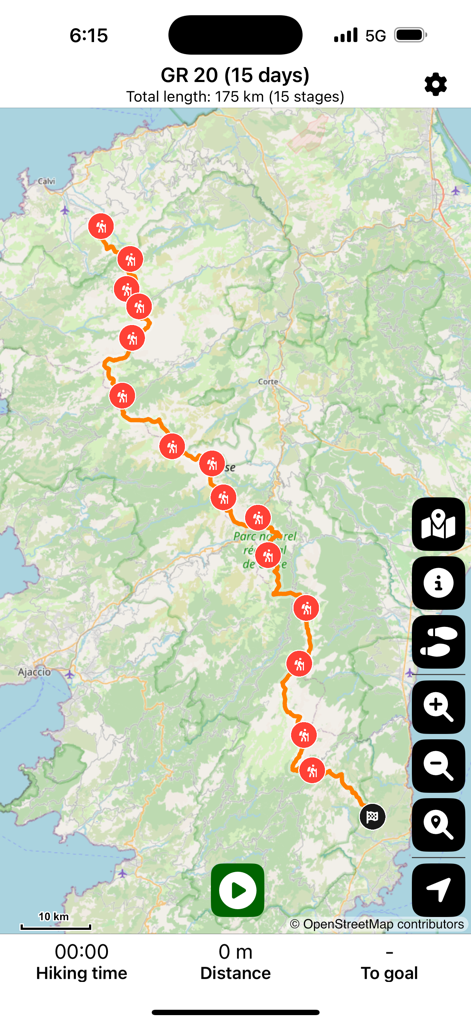 A smartphone map view showing the full GR 20 hiking trail across Corsica with red markers for each stage