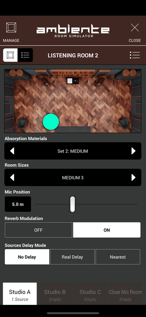 SWAM Violin Section - Aplicativo SWAM Violin Section mostrando a interface do simulador de sala Ambiente com controles de tamanho da sala e posição do microfone.
