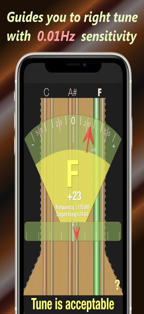 Baglama Tuner - Pantalla del iPhone que muestra la interfaz de la aplicación Baglama Tuner con sensibilidad de alta precisión de 0.01Hz y un medidor de afinación tipo aguja