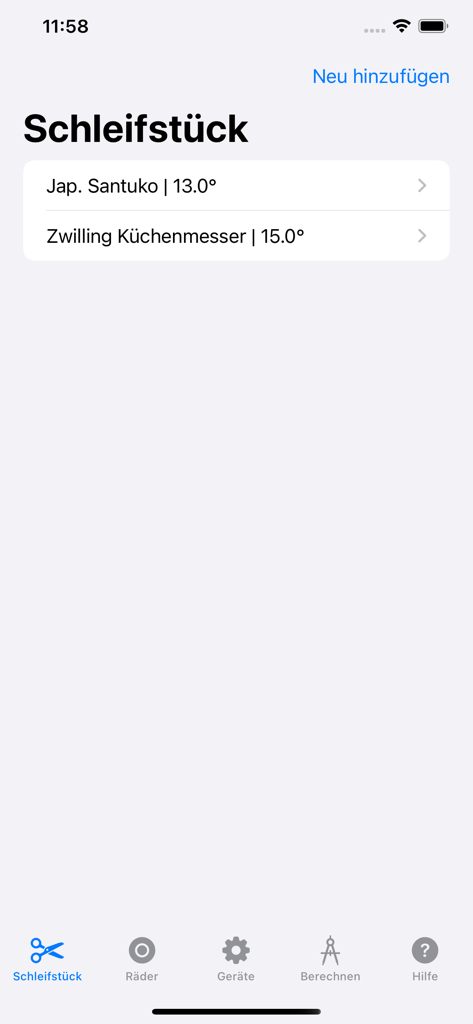 Grindcalculator - Bildschirm der Grindcalculator-App, der eine gespeicherte Liste von Messern und ihren spezifischen Schärfwinkeln zeigt