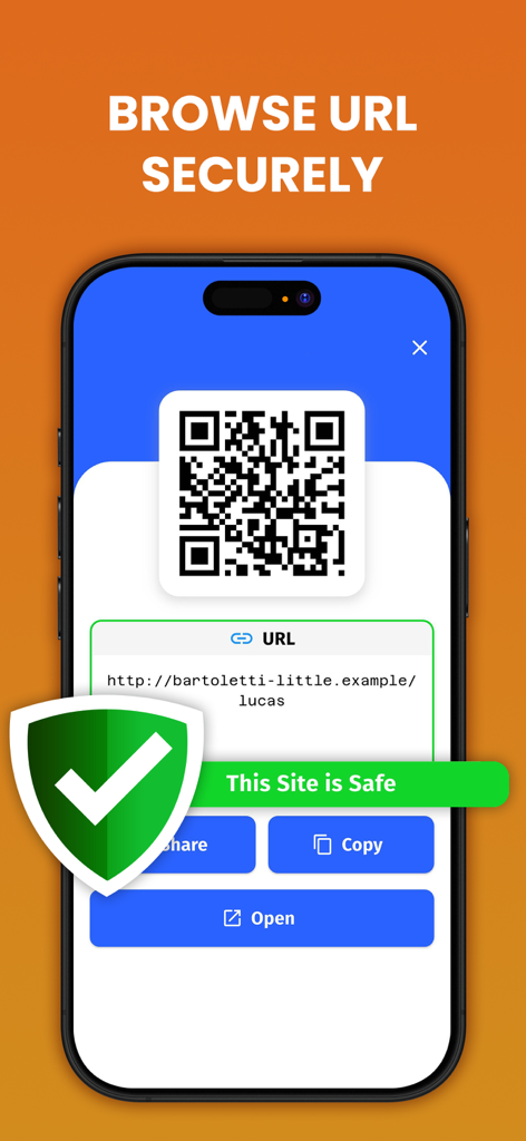 Aplicativo de scanner de código QR mostrando uma verificação de segurança de URL e um ícone de escudo verde