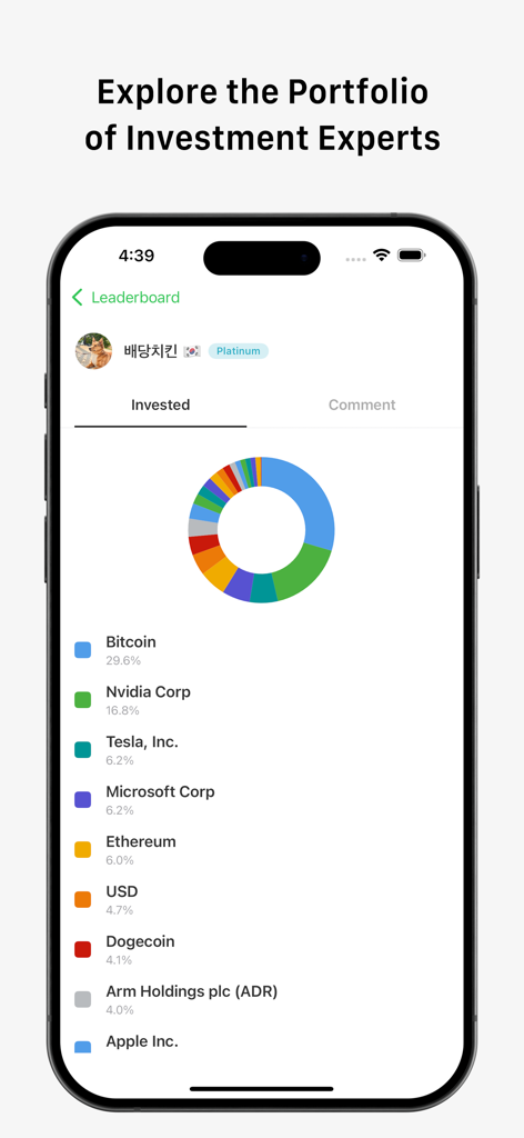 Vestin - Investment Simulator - A donut chart showing the investment portfolio of a top-ranked user on the Vestin app leaderboard, featuring Bitcoin, Nvidia, and Tesla.