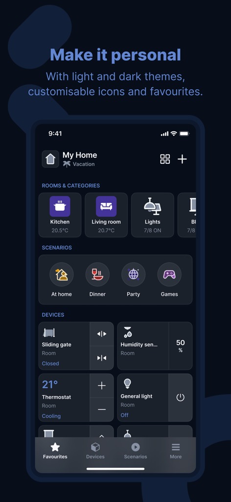Yubii Home - Yubii Home app interface showing a personalized smart home dashboard in dark mode