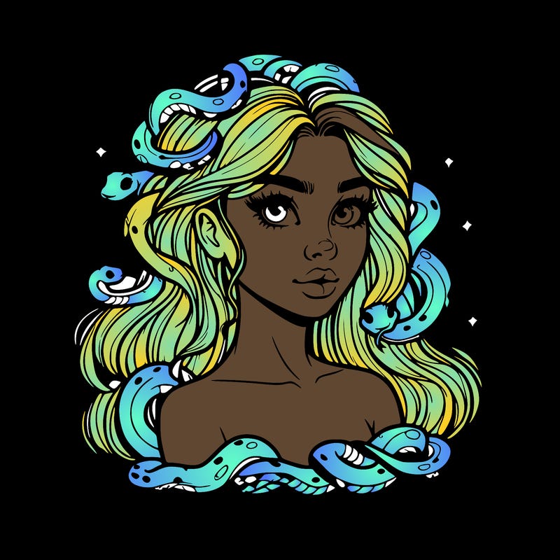 realistic girl with snakes as hair