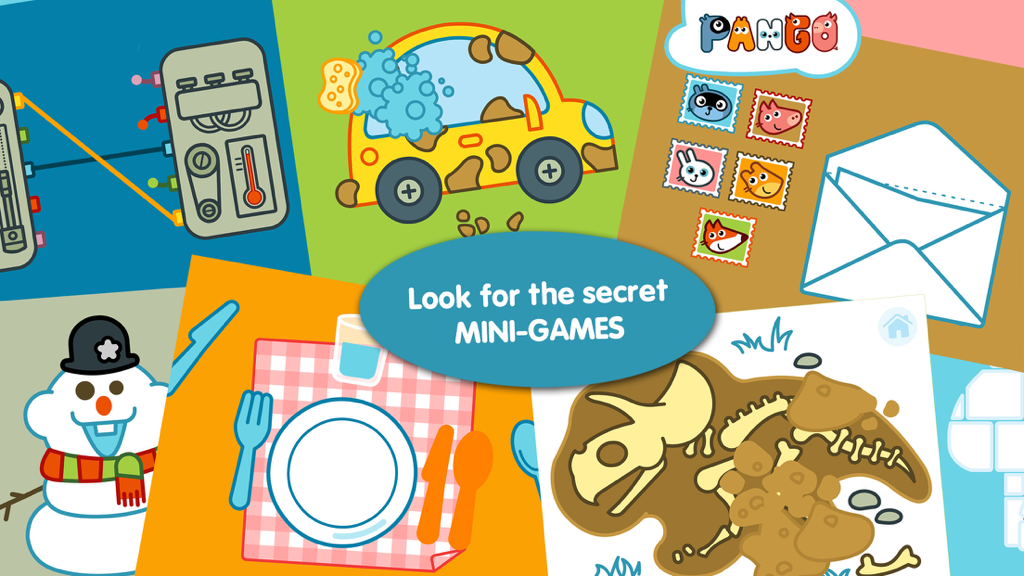 Pango Land - A collage of various interactive mini-games for children including a car wash, fossil excavation, and puzzles.