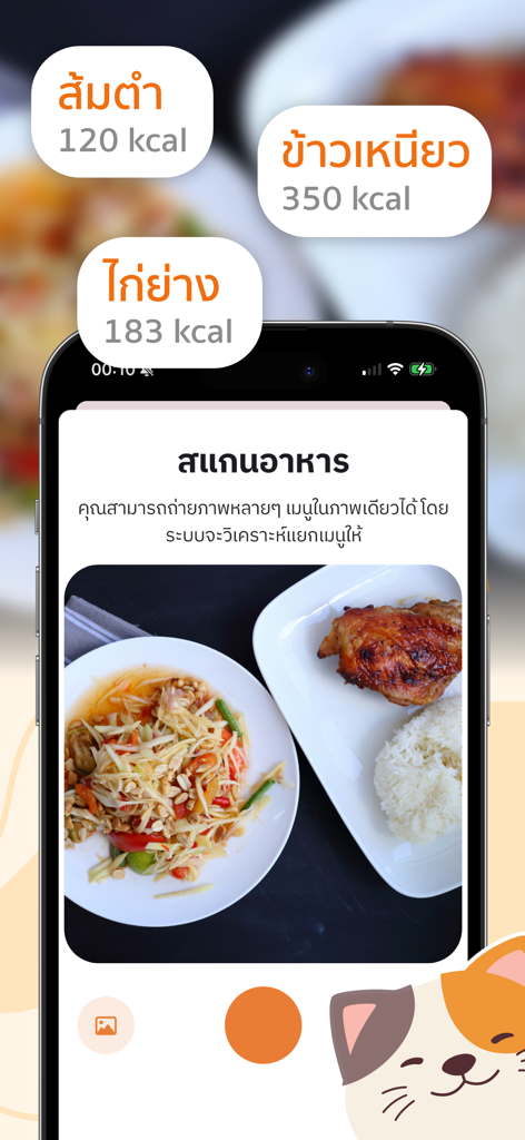Takoh calorie counter app interface showing the AI food scanning feature with a photo of a Thai meal and its calorie breakdown.