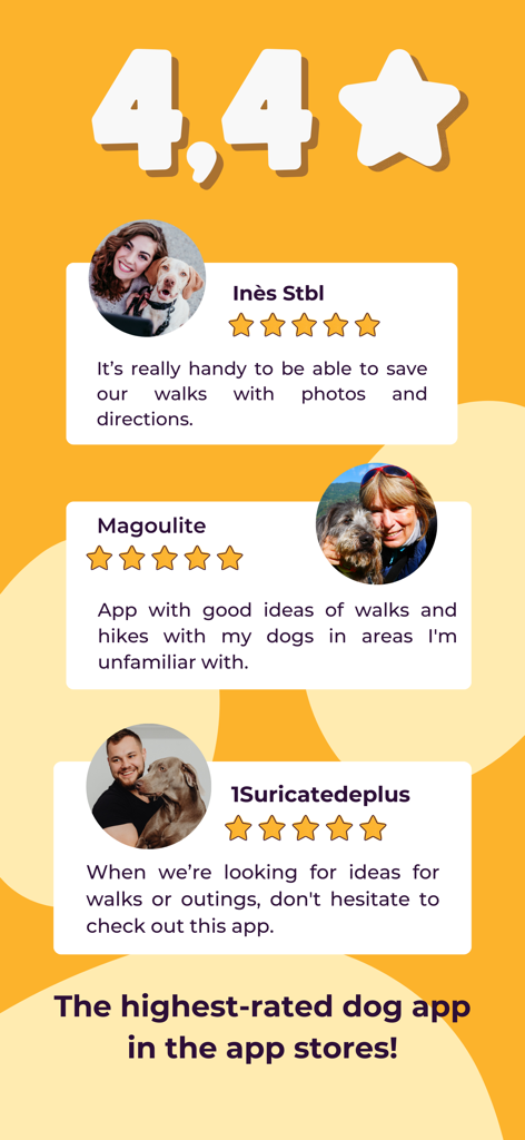 PlayDogs: Walk your dog - Avis d'utilisateurs de l'application PlayDogs et une note de quatre points quatre étoiles sur fond jaune