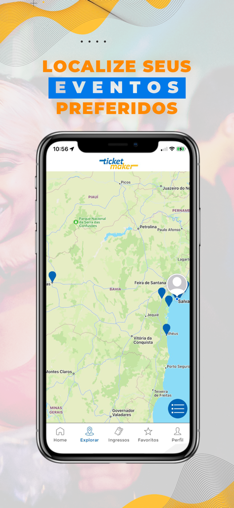 Kartenansicht in der Ticket Maker App, die Event-Pin-Standorte in Brasilien anzeigt