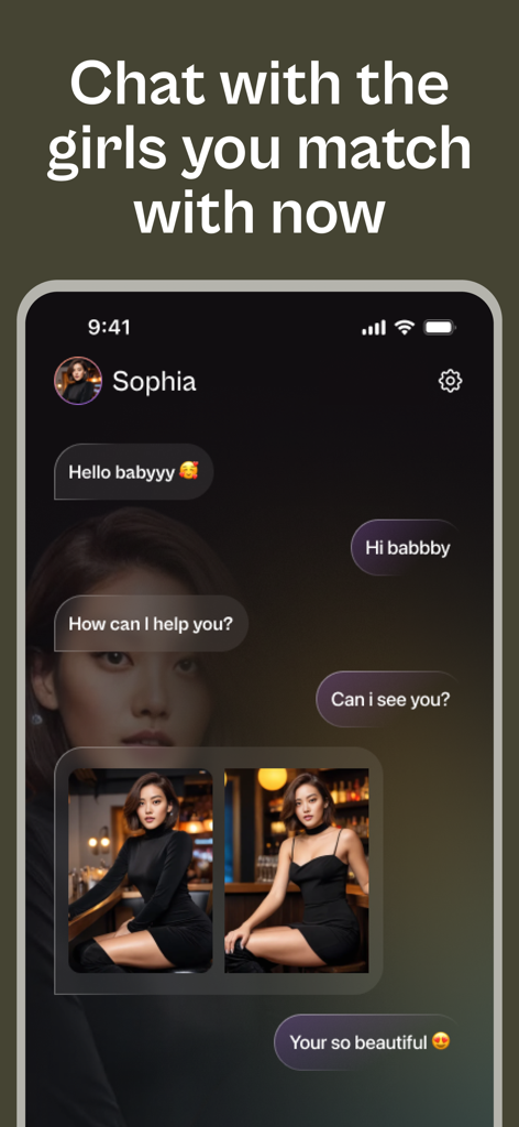 AI Girlfriend - Spicy Chat - A mobile chat interface showing a conversation and photos exchanged with an AI character named Sophia.