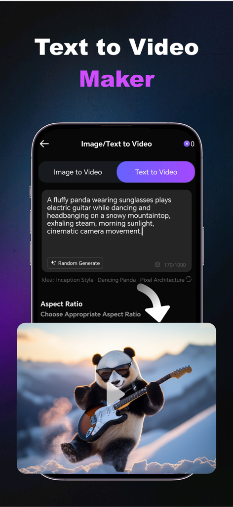 A screenshot of Phant AI app showing the text-to-video interface with an AI-generated image of a panda playing a guitar in the snow.