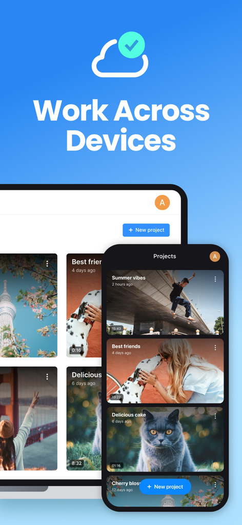 Clideo — Video Editor - Aplicación editor de video Clideo mostrando proyectos sincronizados en un smartphone y una tablet.