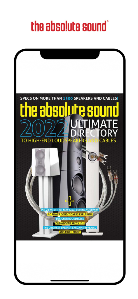 La aplicación The Absolute Sound mostrando la portada del Directorio Definitivo 2022 para altavoces y cables de alta gama.
