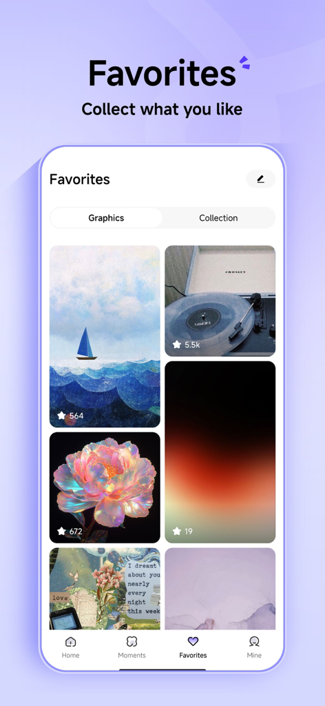 Gpic app favorites screen showing a collection of saved high-definition wallpapers in a grid layout
