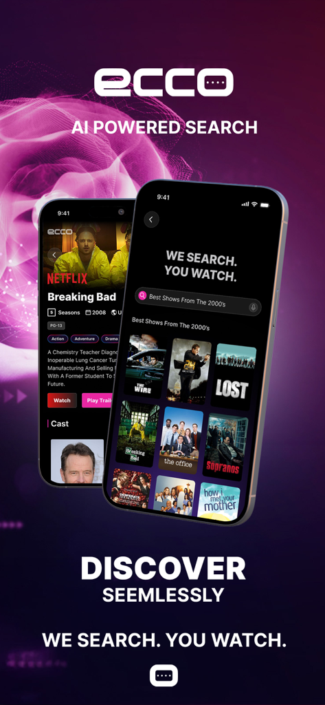ECCO app interface showing AI powered search results for popular TV shows