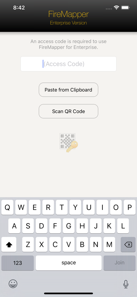 FireMapper Enterprise - FireMapper Enterprise access code entry screen with options to paste or scan a QR code