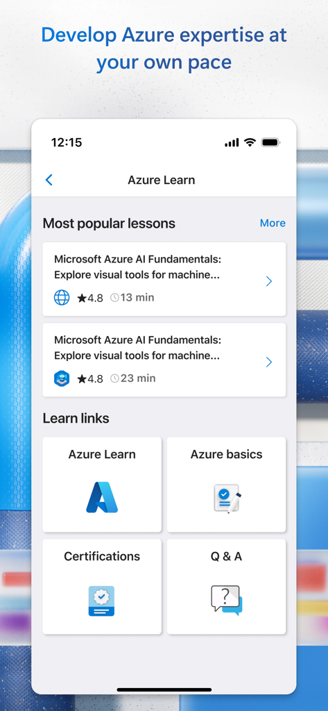 Microsoft Azure - Interface of the Azure mobile app showing learning lessons and certification resources