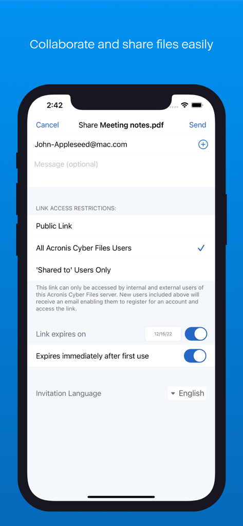 Acronis Cyber Files - Secure file sharing interface in Acronis Cyber Files showing link access restrictions and expiration options