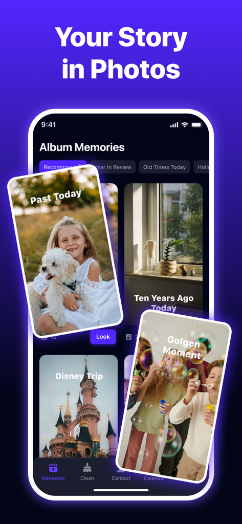 Storage Cleaner-Phone Cleaner - Interfaz de la aplicación Storage Cleaner que muestra álbumes de fotos y recuerdos organizados por IA como Viaje a Disney y Momentos Dorados