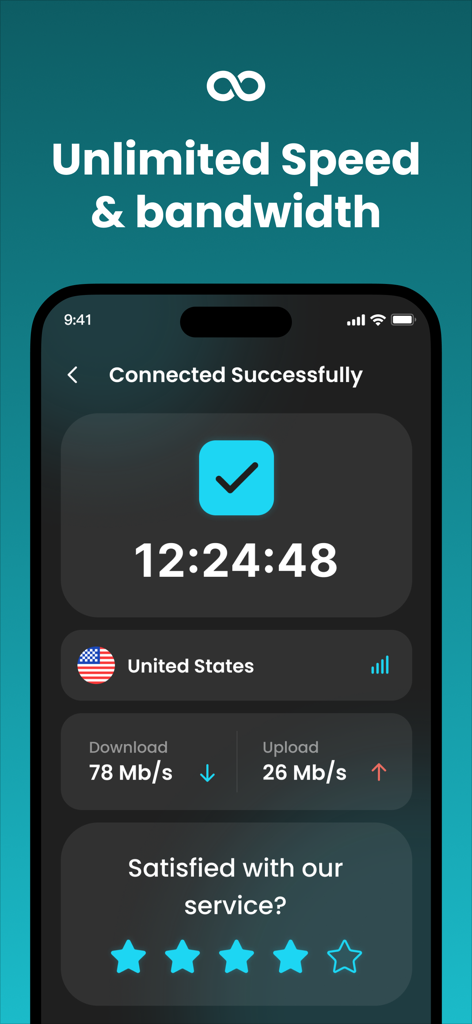 VPN - Fast VPN 360 Unlimited - Fast VPN 360 app dashboard showing successful US connection and speed test results