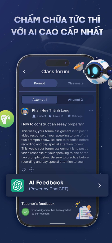 Fsel - Learning English - Interface de l'application Fsel montrant les commentaires IA sur les essais en anglais et le forum de classe