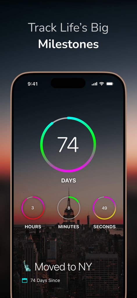DayCount app interface showing a milestone tracker for Moved to NY with days, hours, and minutes counters over a New York City background.