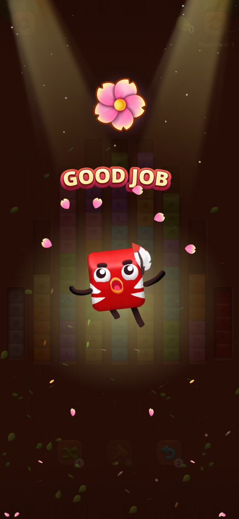 Wooden of Wonders: Blocksort - Victory screen in Wooden of Wonders Blocksort featuring a celebrating red character and falling pink petals.