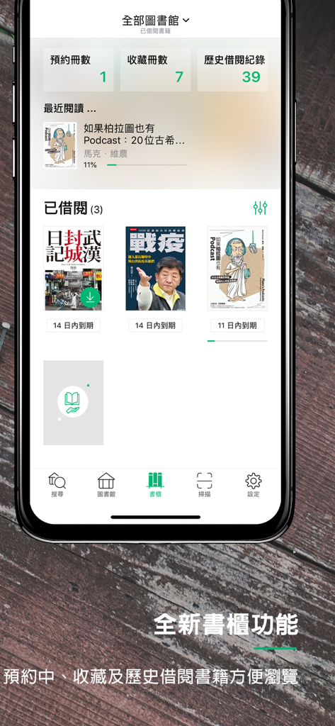 A mobile app screen for the udn Library showing borrowed ebooks and reading progress.