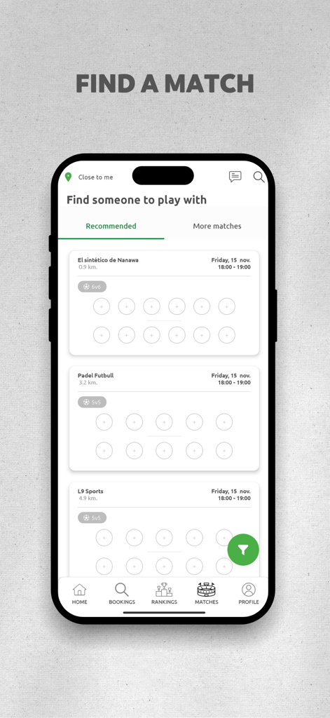 Reva app interface showing a list of available sports matches to join including soccer and padel.