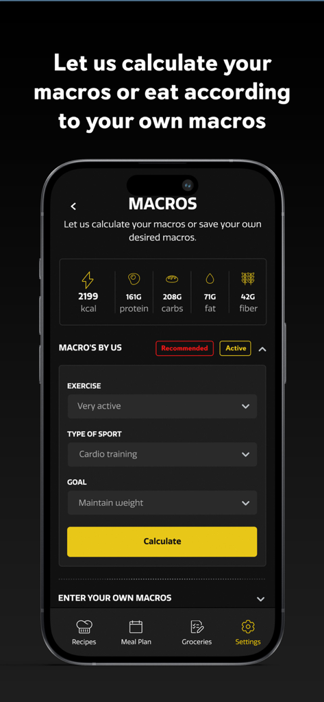 Macro calculator interface in the 90 Meal Plans app for personalized fitness goals