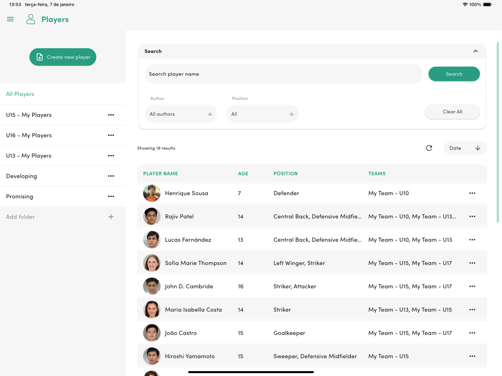 Tactical Boards app player management dashboard showing a roster of athletes with their age, position, and team assignments