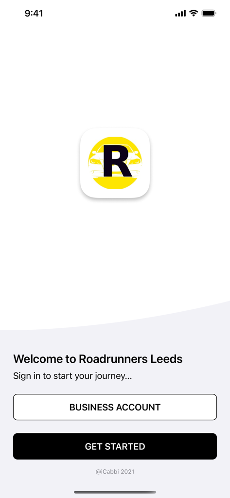 Roadrunners Leeds - Roadrunners Leeds app welcome screen with the logo and buttons to sign in via business account or get started.